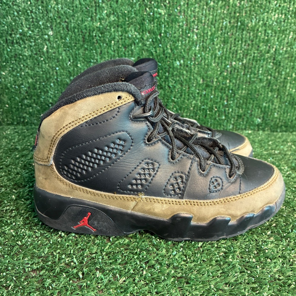 Jordan Retro 9 Olive Leather Basketball Athletic Sneaker Black Brown Boys Sz 12C